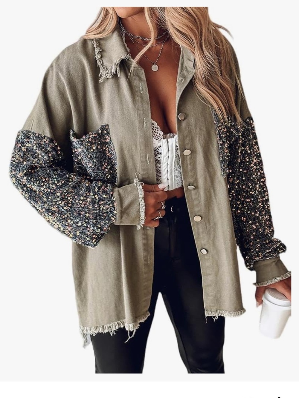 Olive Button-Front Shirt Jacket with Tweed Balloon Sleeves